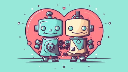 Abstract adorable robot couple exchanging heart-shaped gears. simple Vector art