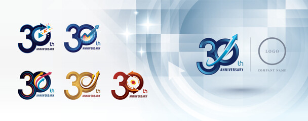 30th Anniversary logotype design, Thirty years Anniversary Logo multiple line for celebration event, Abstract Logo 30 Circle Arrow, Graph Growth to Success Concept