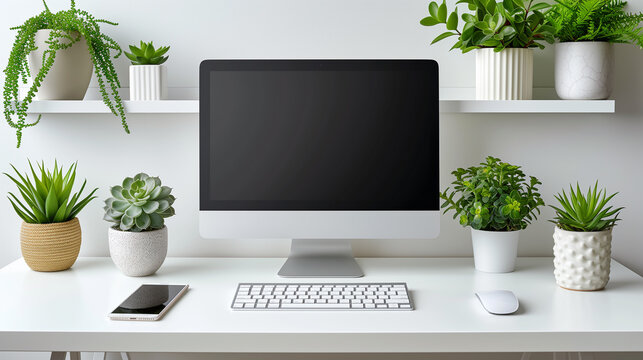 elegantly minimalistic stylish workspace at the computer in white colors and with house plants