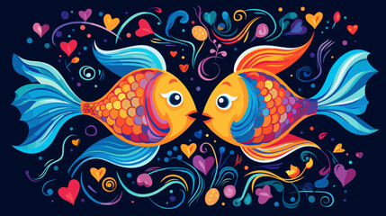 Fototapeta premium Abstract adorable fish couple swimming in a heart-shaped school. simple Vector art