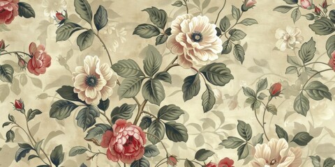 Vintage English garden floral pattern wallpaper, classic blooms, timeless charm
