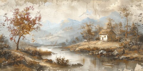 Vintage wallpaper with faded pastoral scenes, soft colors, rustic countryside charm