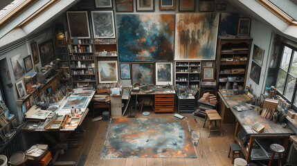 a small room in the attic with good lighting, which is arranged as an artist's workshop, where there is a creative mess and a lot of paintings on the walls