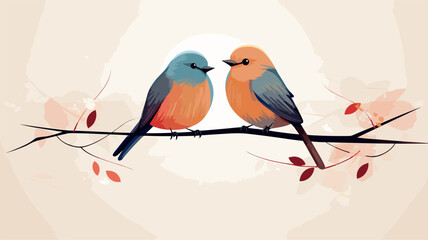 Abstract hand-drawn lovebirds perched on a branch. simple Vector art
