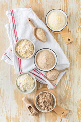 Assortment of various gluten free flour,  without carbohydrate (almond and coconut flour, psyllium husk powder, rough-ground flaxseed flour)