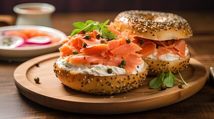 Whole grain bagels with cream cheese on wooden board
