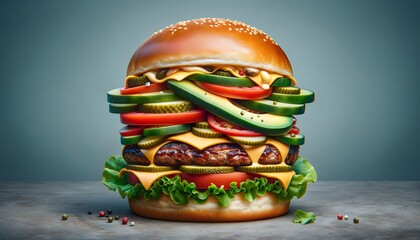 Generative AI image of appetizing burger king with layers of grilled meat pickle topped with tomatoes, avocado, cheese fresh lettuce and soft buns