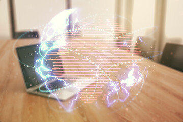 Double exposure of abstract digital world map with connections on computer background, big data and blockchain concept