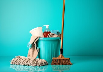 The concept of cleaning service. Cleaning lady with a bucket and cleaning products. cleaning supplies on  background - Cleaning concept