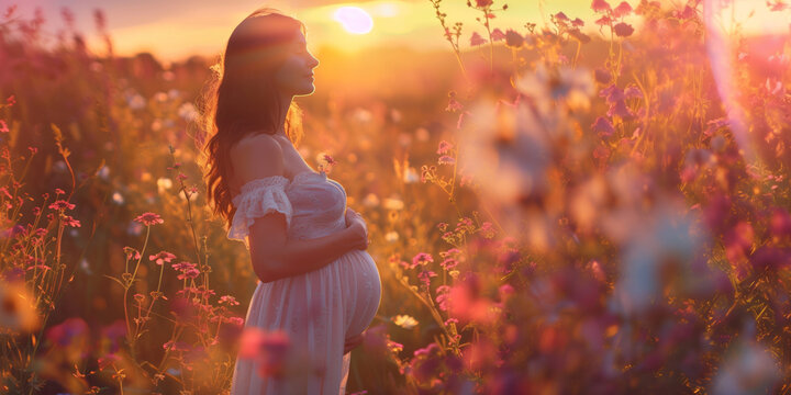 Theme image of motherhood with a beautiful pregnant woman standing in a meadow among flowers in front of a bright sunset light.