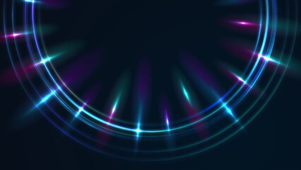 Blue purple neon laser rings with rays abstract background