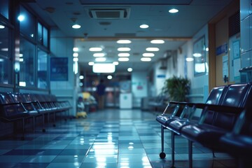 Atmospheric view of a hospital waiting area at night with fluorescent lights and empty seats, suggesting stillness and the end of a busy day. - obrazy, fototapety, plakaty