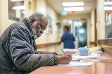 Elderly man with beard filling out medical forms in a hospital corridor with healthcare staff in the background. Hospital queue