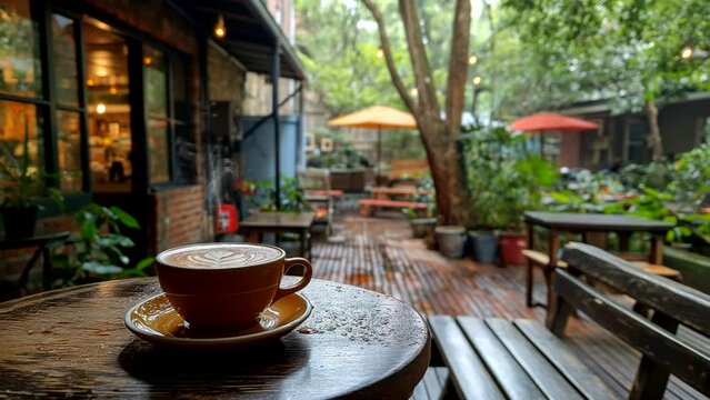A cup of coffee on a table overlooking the garden at a cafe Seamless looping time-lapse 4k animation video background  Generated AI
