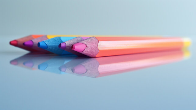 several nicely sharpened wooden multi-colored pencils lie on a mirror light surface, minimalistic macro image