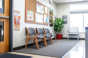 Waiting area with chairs, notice board, and plants in a bright room.