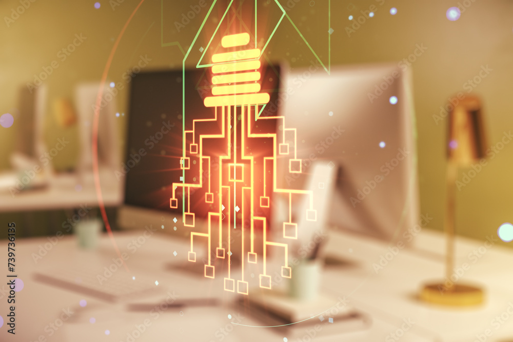 Poster creative light bulb illustration with microcircuit on modern computer background, future technology 