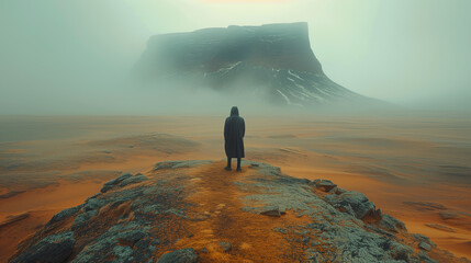a small silhouette of a person standing on a small hill in the middle of a foggy wasteland, into which a beautiful rocky mountain of a strange shape can be seen - obrazy, fototapety, plakaty