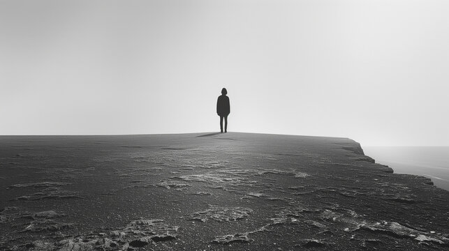 a small silhouette of a person standing on the edge of an abyss, a minimalistic black and white image