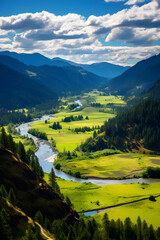Serene Valley: A Lush Landscape of Green Meadows, Sparkling River, and Majestic Mountains Under a Blue Sky