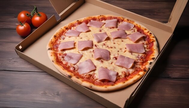 Heat the pizza in the box, pizza delivery. Pizza with ham, cheese, tomatoes, sauce on a wooden brown background. Empty space for text.