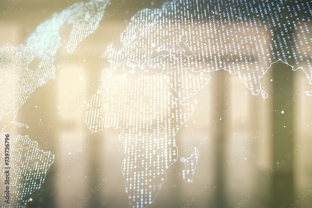 Poster multi exposure of abstract creative digital world map hologram on empty modern office background, re