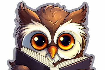 sticker, owl reading a book, white background. concept: wisdom, knowledge, science, learning, education.