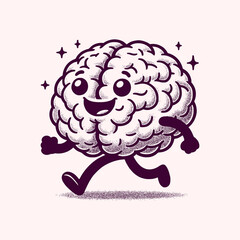 brain cartoon mascot walking with happy face retro vector illustration