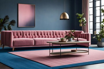 Wooden table on blue carpet in grey living room interior with fireplace and pink sofa