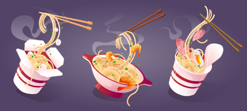 Hot ready to eat noodle with additions, chopsticks and steam in red bowl, paper box and plastic cup. Cartoon vector set of traditional asian food for lunch with spices, shrimp, fried egg and sausage.