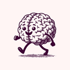 brain cartoon mascot walking with happy face retro vector illustration