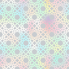 Holographic Arabic style seamless pattern. Vector shiny gradient oriental ornament on grey background. Oriental traditional foil texture for backgrounds, wallpapers, textile patterns, decoration.