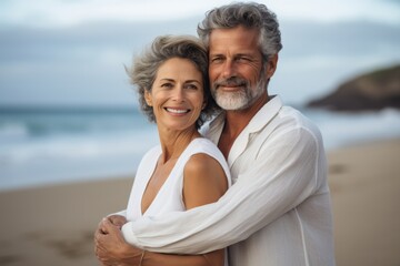 Joyful middle aged couple of man and woman hugging on the beach - Powered by Adobe