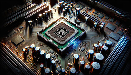Dive into the complexity of technology with this close-up photo of a computer's motherboard, showcasing a landscape of circuits and chips that power our digital world