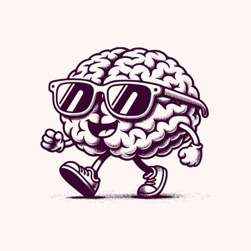 brain cartoon mascot wear sun glasses walking with happy face retro vector illustration