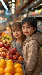 Fototapeta premium A happy little boy and girl from Asia select fresh delicious fruits from the grocery counter.