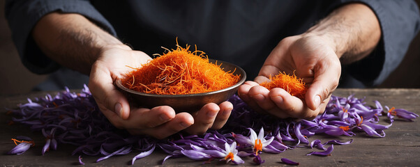 Hands Holding Saffron Flowers. Kashmir famous saffron, the worlds most expensive spice. Authentic, high-quality saffron more valuable than gold.

 - obrazy, fototapety, plakaty