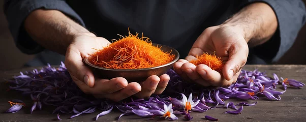 Foto op Plexiglas Hands Holding Saffron Flowers. Kashmir famous saffron, the worlds most expensive spice. Authentic, high-quality saffron more valuable than gold.   © PixelBook