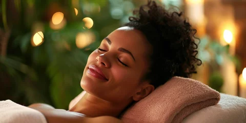 Papier Peint photo Lavable Spa African American young woman lady in spa salon relaxing after taking massage treatment with her eyes closed. Care about yourself beauty treatment procedures concept. Body skin and hair care