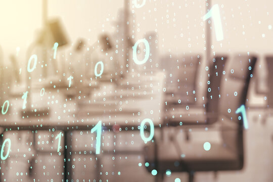 Abstract virtual binary code sketch on a modern furnished office interior background, hacking and matrix concept. Multiexposure
