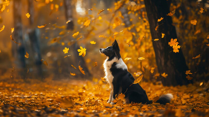 The Border Collie dog is sitting in the autumn forest.