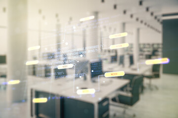 Double exposure of abstract programming language interface on modern corporate office background, research and development concept