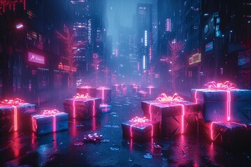 Pink Boxes in the Rain A Neon-Lit Night in December Generative AI