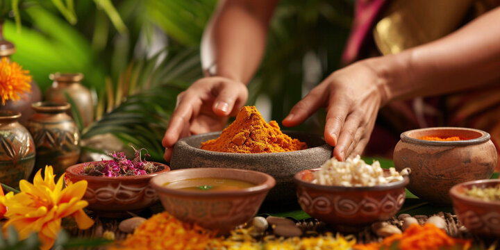 Relax with natural aromatherapy treatment ayurvedic spa in a room for luxury or wellness surrounded by nature. Health and ayurveda massage, skincare, spa or relaxation concept.