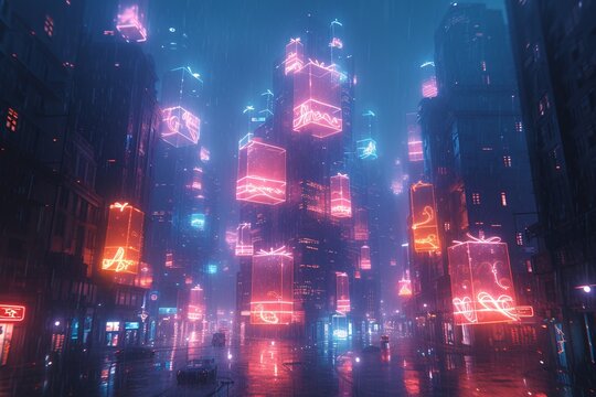 Neon Dreams in the Rain A Pink and Purple Cityscape Generative AI