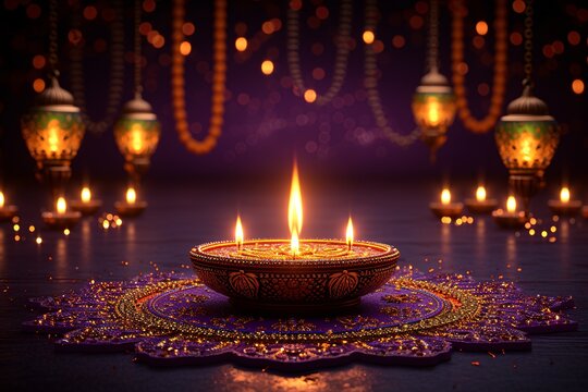 Glowing Diwali Decoration A Purple and Gold Celebration Generative AI