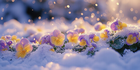 Crocuses yellow grow in the garden under the snow on a spring sunny day, Spring snowdrop flowers, Generative AI