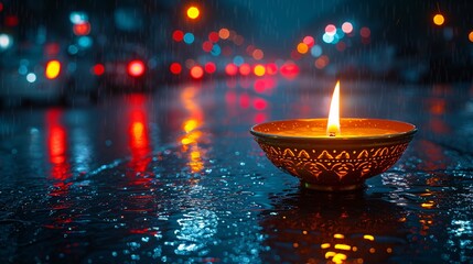 Rainy Night Lights Up the City A Glowing Candle in the Rain Generative AI