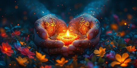 Flower Power A Glowing Tattooed Hand Holds a Lit Candle Generative AI - obrazy, fototapety, plakaty