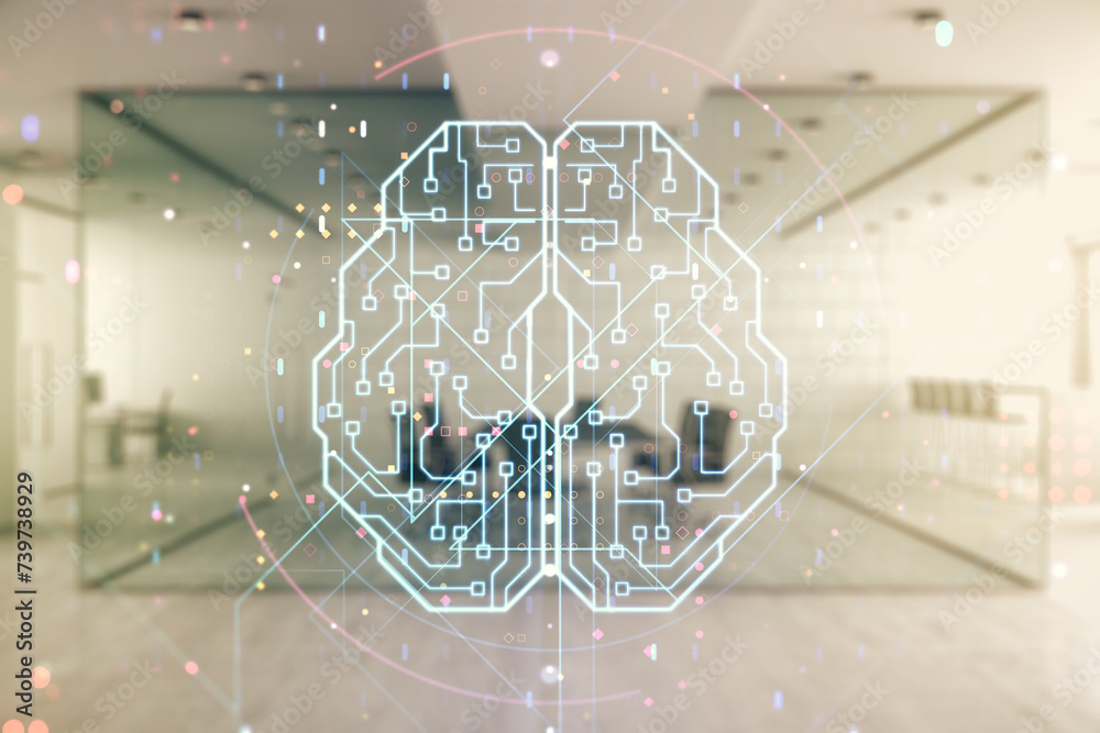 Aufkleber double exposure of creative artificial intelligence interface on modern corporate office background.